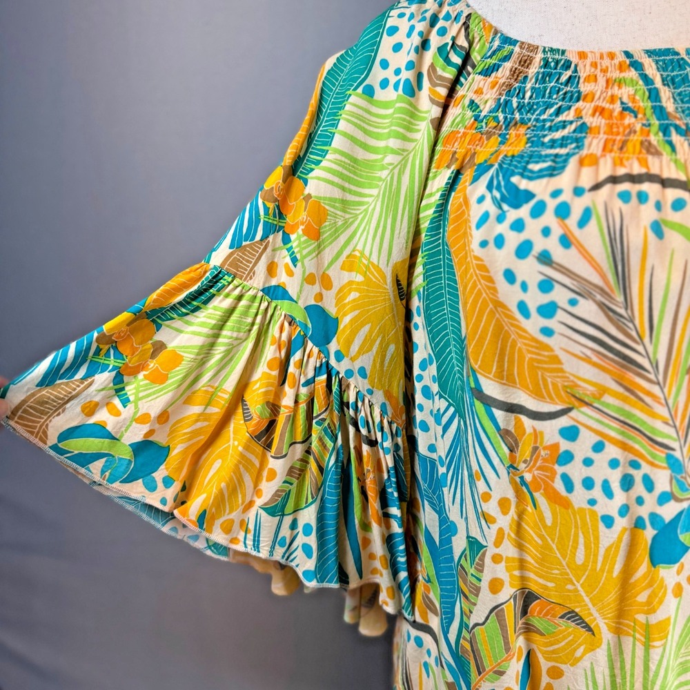 Cato Tropical Smocked Top Small Ruffled Flounce Sleeves Oversized Flowy Fit Soft
